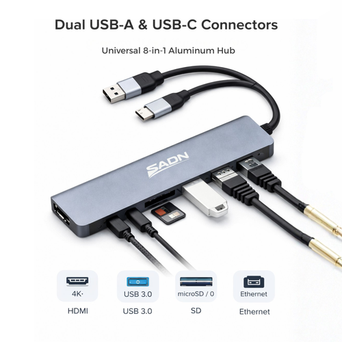 Sadn 8-in-1 USB-C Hub – Aluminum Multiport Adapter with HDMI 4K, USB 3.0, SD & Ethernet