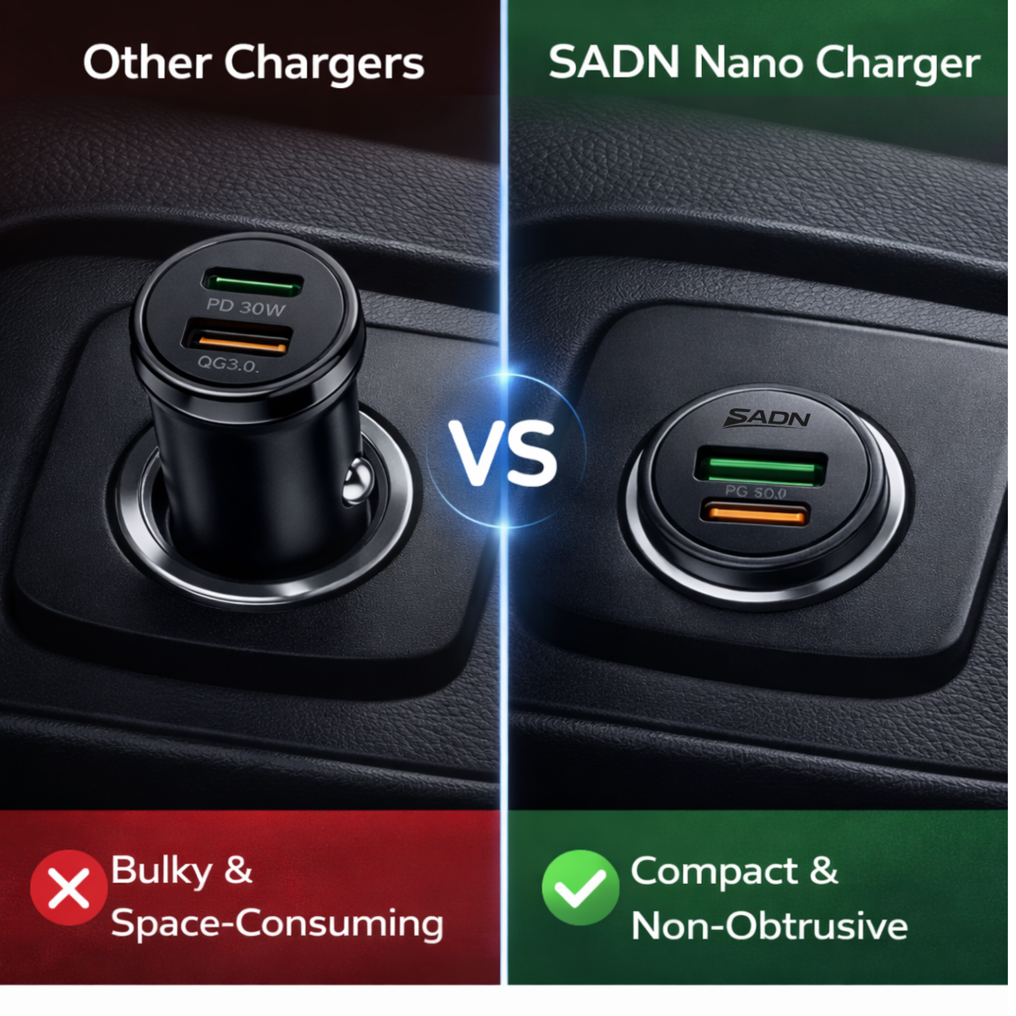 SADN Nano 30W PD Car Charger – Ultra Slim 5cm | Dual USB-C & USB-A Fast Charge (QC3.0)